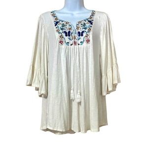 Bobeau White Boho Peasant Tassel Tie Oversized Top Blouse Medium Cottagecore